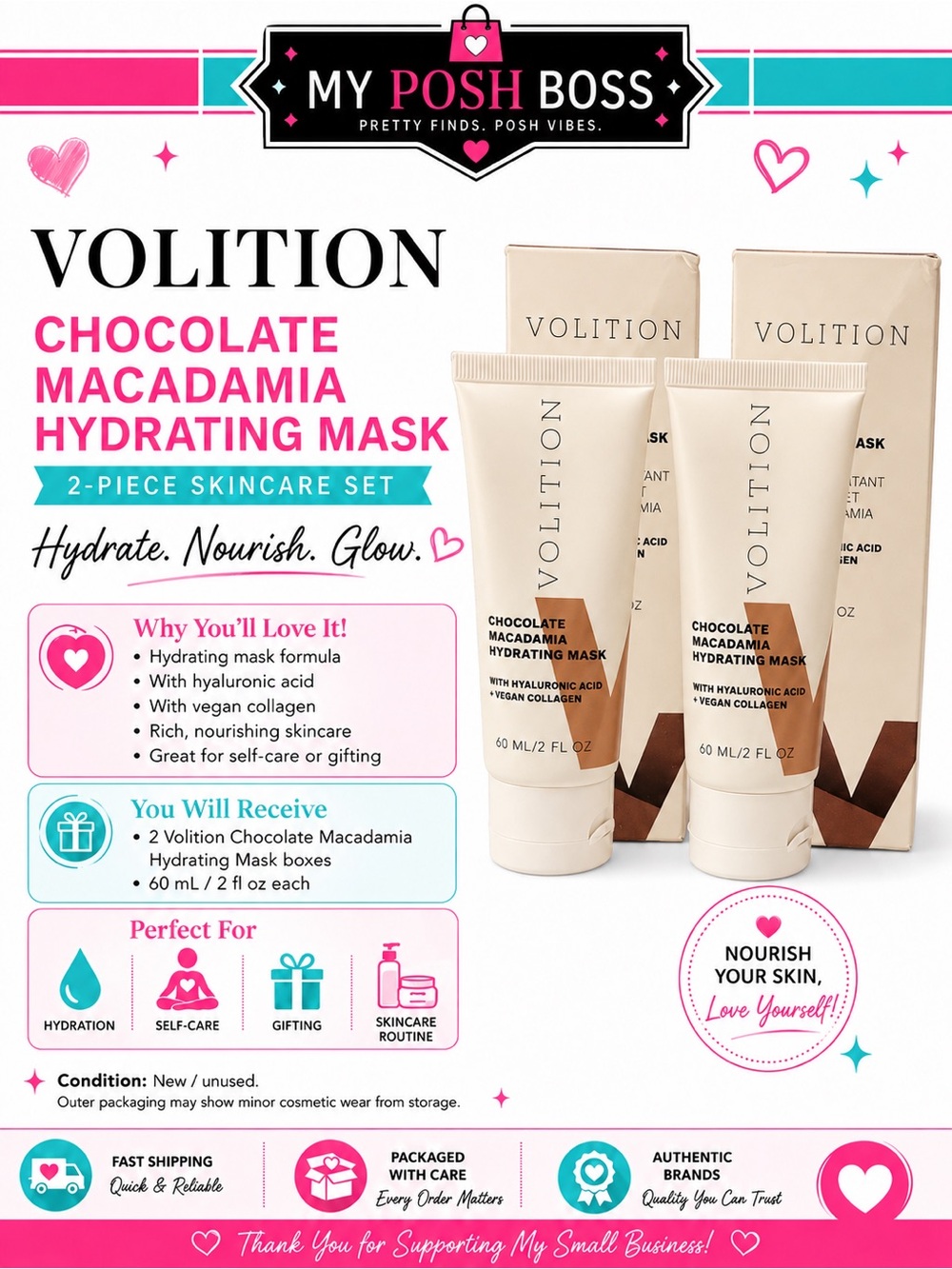 VOLITION Chocolate Macadamia Hydrating Mask 60 mL / 2 fl oz - BNIB (Set of 2)